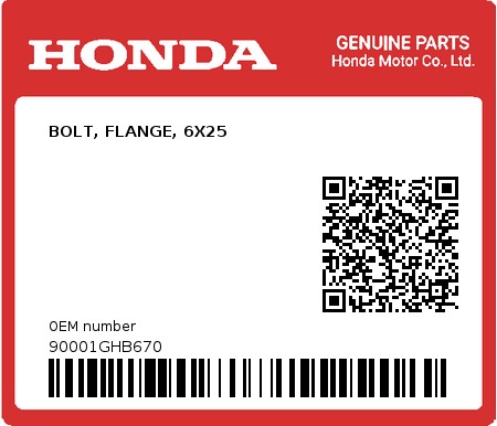 Product image: Honda - 90001GHB670 - BOLT, FLANGE, 6X25  0