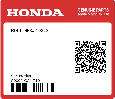 Product image: Honda - 90002-GC4-710 - BOLT, HEX., 10X28  0