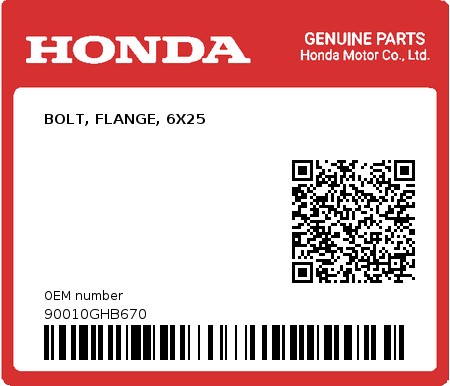 Product image: Honda - 90010GHB670 - BOLT, FLANGE, 6X25  0