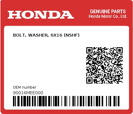 Product image: Honda - 90016MEE000 - BOLT, WASHER, 6X16 (NSHF) 