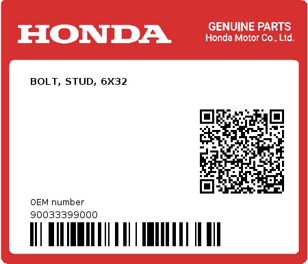 Product image: Honda - 90033399000 - BOLT, STUD, 6X32  0