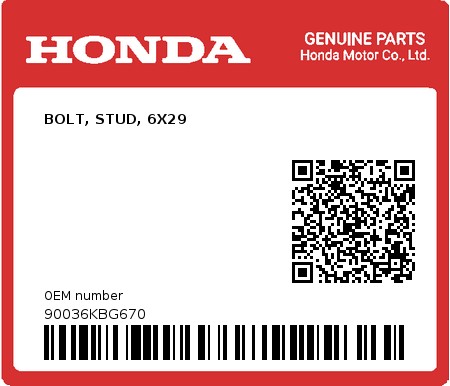 Product image: Honda - 90036KBG670 - BOLT, STUD, 6X29  0