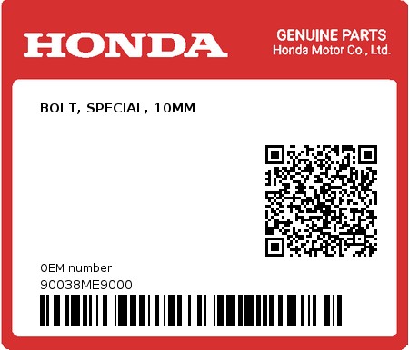 Product image: Honda - 90038ME9000 - BOLT, SPECIAL, 10MM  0