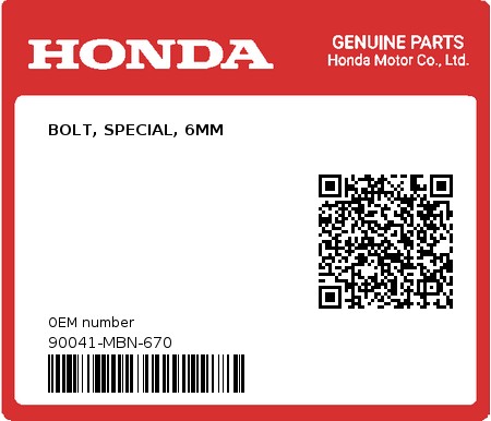 Product image: Honda - 90041-MBN-670 - BOLT, SPECIAL, 6MM  0