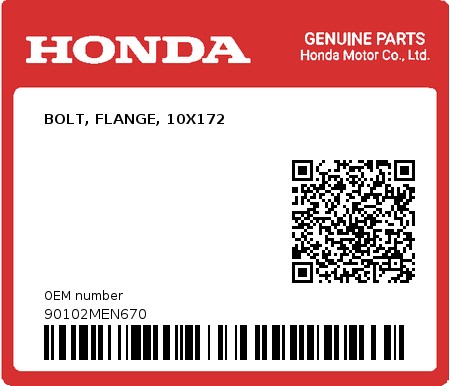 Product image: Honda - 90102MEN670 - BOLT, FLANGE, 10X172  0
