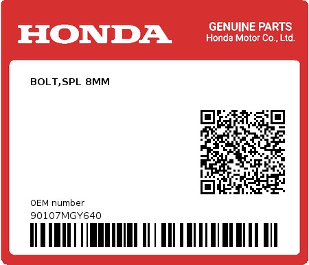 Product image: Honda - 90107MGY640 - BOLT,SPL 8MM  0