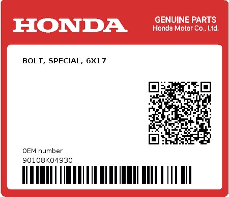 Product image: Honda - 90108K04930 - BOLT, SPECIAL, 6X17  0
