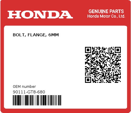 Product image: Honda - 90111-GT8-680 - BOLT, FLANGE, 6MM  0