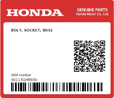 Product image: Honda - 90113GHB690 - BOLT, SOCKET, 8X32  0