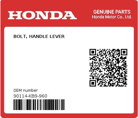 Product image: Honda - 90114-KB9-960 - BOLT, HANDLE LEVER  0