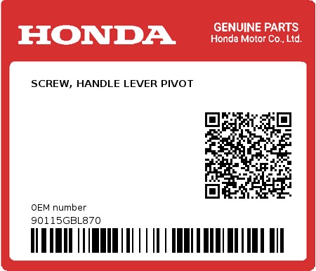 Product image: Honda - 90115GBL870 - SCREW, HANDLE LEVER PIVOT 