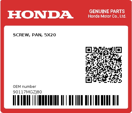 Product image: Honda - 90117MGZJ80 - SCREW, PAN, 5X20  0