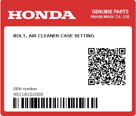 Product image: Honda - 90118102000 - BOLT, AIR CLEANER CASE SETTING 