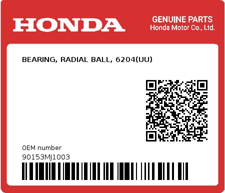 Product image: Honda - 90153MJ1003 - BEARING, RADIAL BALL, 6204(UU)  0