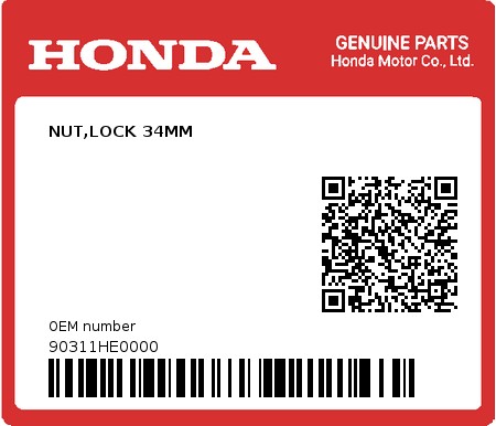 Product image: Honda - 90311HE0000 - NUT,LOCK 34MM 