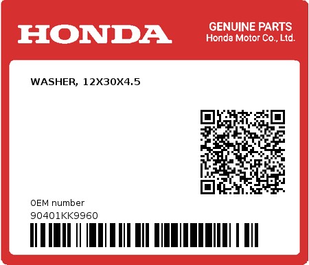 Product image: Honda - 90401KK9960 - WASHER, 12X30X4.5  0