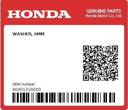 Product image: Honda - 90401ZVA000 - WASHER, 6MM  0