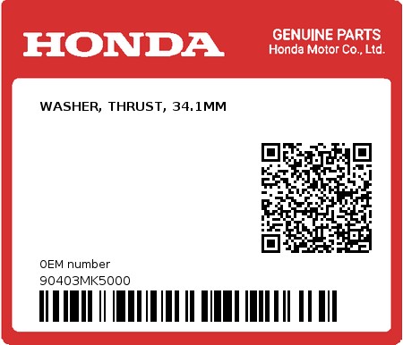 Product image: Honda - 90403MK5000 - WASHER, THRUST, 34.1MM 