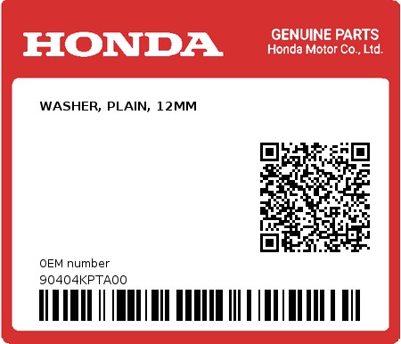 Product image: Honda - 90404KPTA00 - WASHER, PLAIN, 12MM 