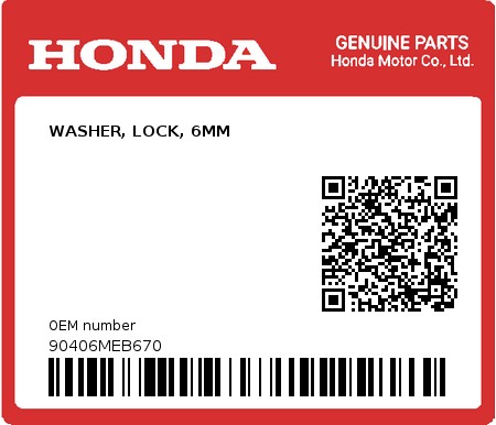 Product image: Honda - 90406MEB670 - WASHER, LOCK, 6MM  0