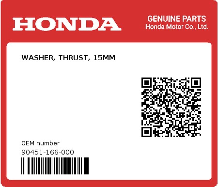 Product image: Honda - 90451-166-000 - WASHER, THRUST, 15MM  0