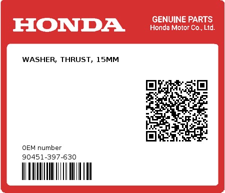 Product image: Honda - 90451-397-630 - WASHER, THRUST, 15MM  0