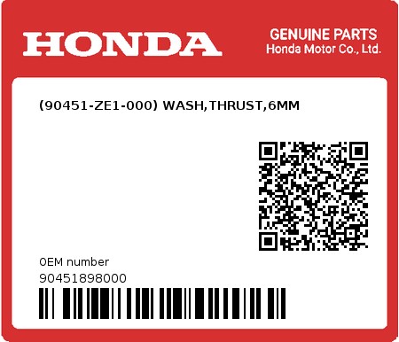 Product image: Honda - 90451898000 - (90451-ZE1-000) WASH,THRUST,6MM  0