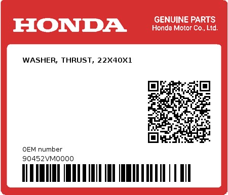 Product image: Honda - 90452VM0000 - WASHER, THRUST, 22X40X1  0