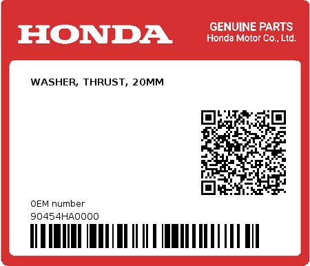 Product image: Honda - 90454HA0000 - WASHER, THRUST, 20MM 