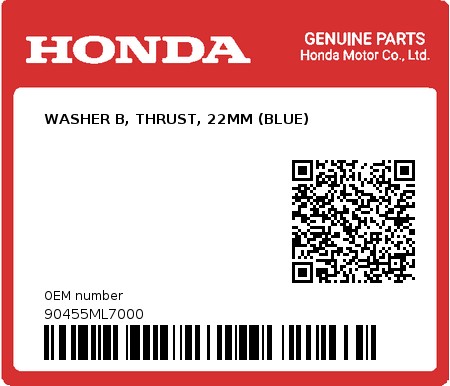 Product image: Honda - 90455ML7000 - WASHER B, THRUST, 22MM (BLUE) 