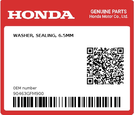 Product image: Honda - 90463GFM900 - WASHER, SEALING, 6.5MM  0