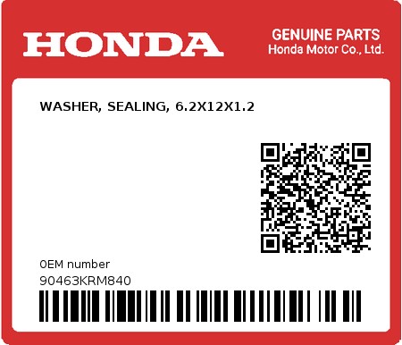 Product image: Honda - 90463KRM840 - WASHER, SEALING, 6.2X12X1.2  0