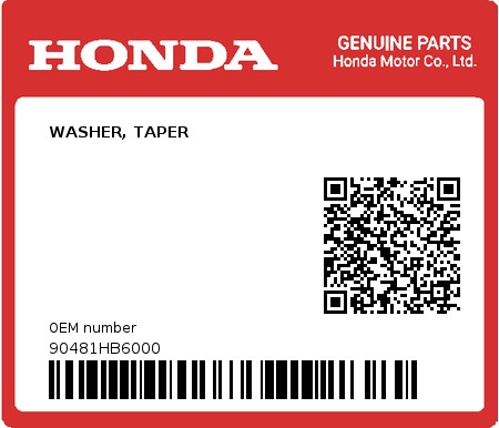 Product image: Honda - 90481HB6000 - WASHER, TAPER 