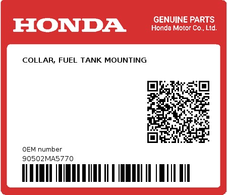 Product image: Honda - 90502MA5770 - COLLAR, FUEL TANK MOUNTING  0