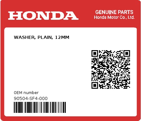 Product image: Honda - 90504-SF4-000 - WASHER, PLAIN, 12MM  0