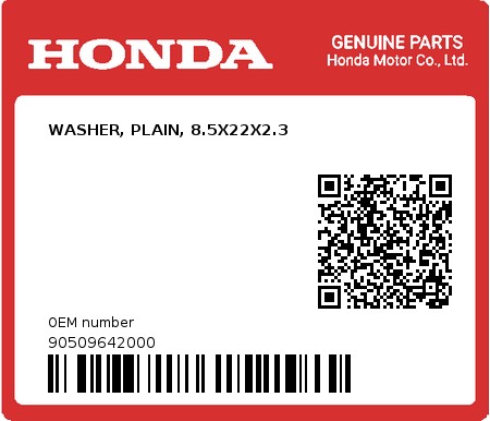 Product image: Honda - 90509642000 - WASHER, PLAIN, 8.5X22X2.3 