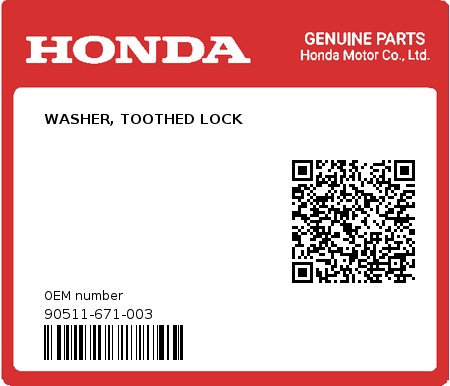 Product image: Honda - 90511-671-003 - WASHER, TOOTHED LOCK 