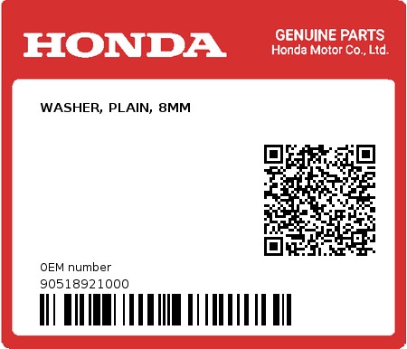 Product image: Honda - 90518921000 - WASHER, PLAIN, 8MM  0