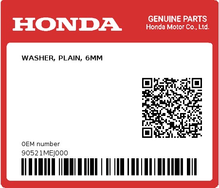 Product image: Honda - 90521MEJ000 - WASHER, PLAIN, 6MM  0