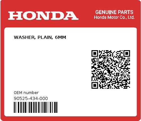 Product image: Honda - 90525-434-000 - WASHER, PLAIN, 6MM  0