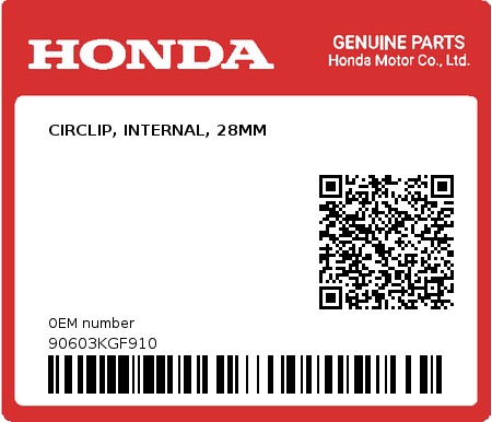 Product image: Honda - 90603KGF910 - CIRCLIP, INTERNAL, 28MM  0