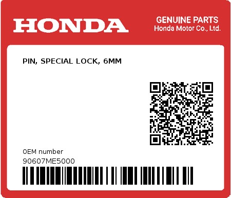 Product image: Honda - 90607ME5000 - PIN, SPECIAL LOCK, 6MM  0