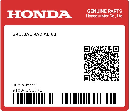Product image: Honda - 91004GCC771 - BRG,BAL RADIAL 62  0
