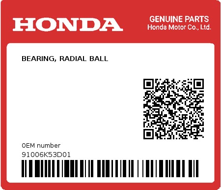 Product image: Honda - 91006K53D01 - BEARING, RADIAL BALL  0