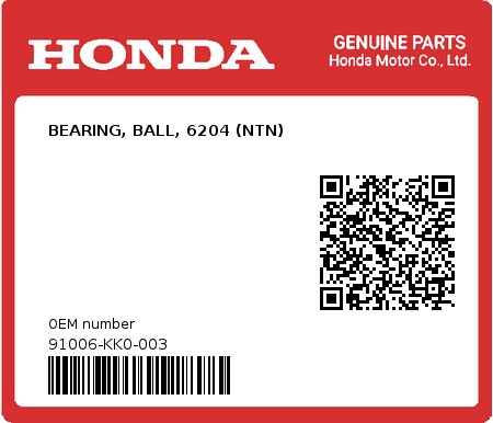 Product image: Honda - 91006-KK0-003 - BEARING, BALL, 6204 (NTN)  0