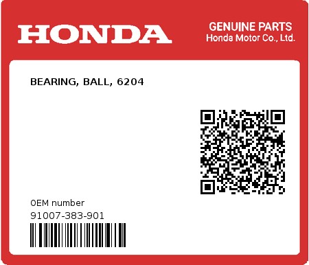 Product image: Honda - 91007-383-901 - BEARING, BALL, 6204  0