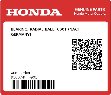 Product image: Honda - 91007-KFF-901 - BEARING, RADIAL BALL, 6001 (NACHI GERMANY) 