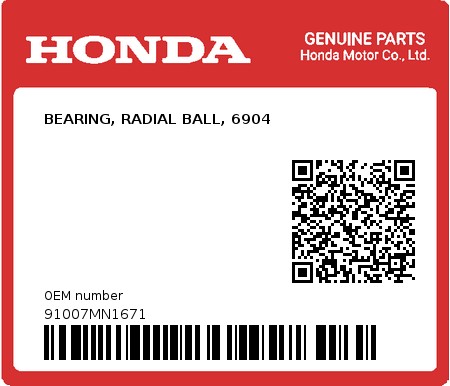 Product image: Honda - 91007MN1671 - BEARING, RADIAL BALL, 6904 