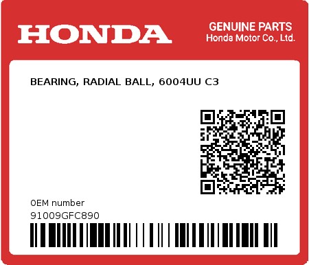 Product image: Honda - 91009GFC890 - BEARING, RADIAL BALL, 6004UU C3 