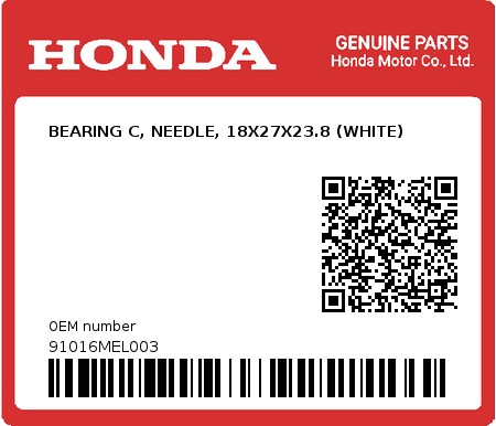 Product image: Honda - 91016MEL003 - BEARING C, NEEDLE, 18X27X23.8 (WHITE) 